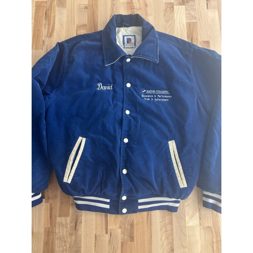 70 s Rennoc Corduroy Bomber Work Coat Embroidered David Big Island Mine Blue L